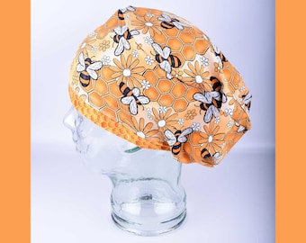 Bee and Honey Scrub Cap: Yellow Floral Adjustable Full Coverage Surgical Hat for Women