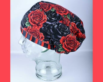 Red Black Rose Scrub Cap | Full Coverage Stretch Floral Surgical Hat With Cord Lock