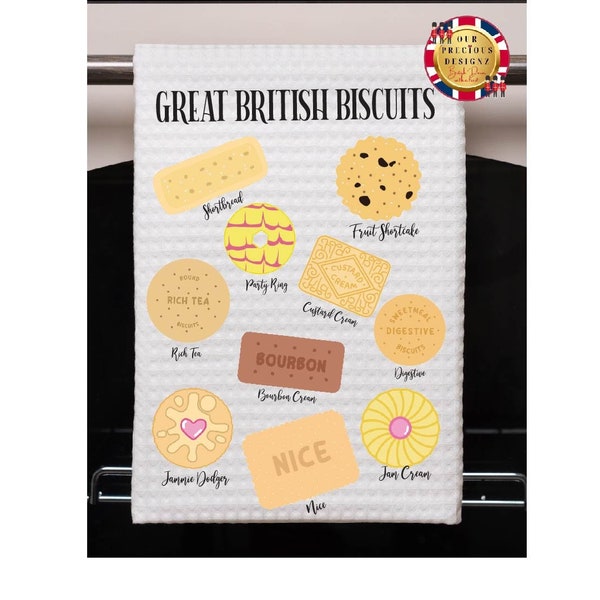 British Biscuits Tea Towel, Union Jack Tea Towel, Great British Biscuit Tea Towel, British Cookies Tea Towel,  Dish Towel 16" x 24"