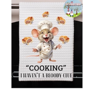British Funny Chef Mouse Tea Towel, British Sausage Rolls Towel, Kitchen British Baker Dish Towel, waffle weave towel