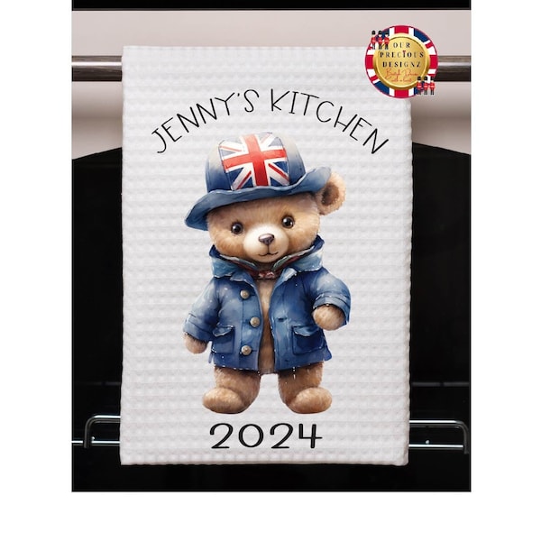 Union Jack London Bear Personalized Tea Towel, British London Bear 2024 (with or without year) Tea towel, Dish Towel, London Dish Towel