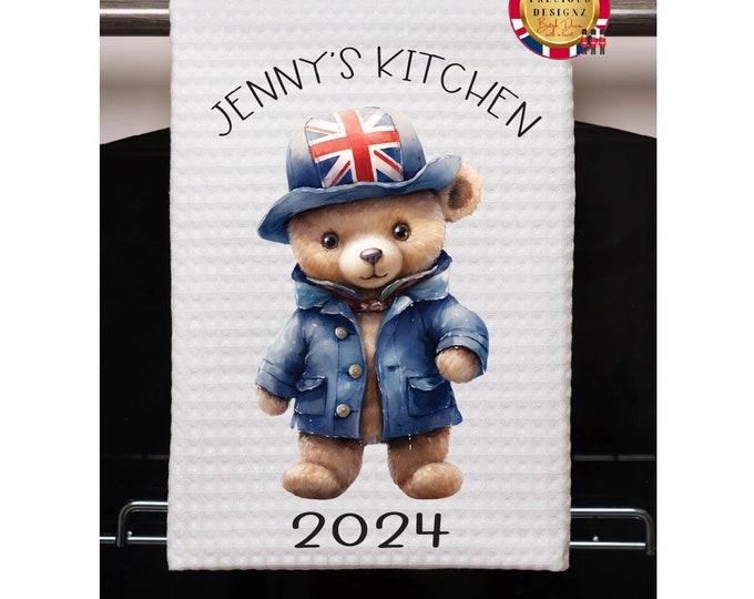Union Jack London Bear Personalized Tea Towel, British London Bear 2024 (with or without year) Tea towel, Dish Towel, London Dish Towel