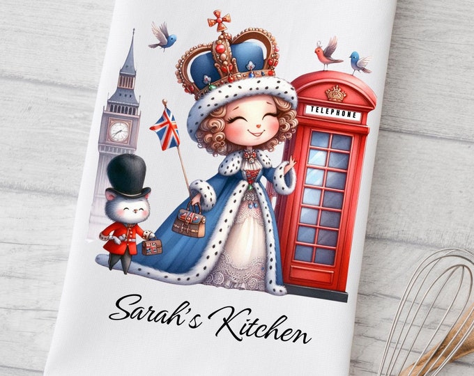 Personalized British Queen Cotton Tea Towel: London Kitchen Decor, Cotton or Microfiber Waffle