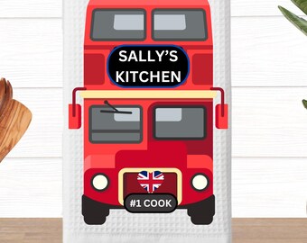 Personalized Double Decker Bus Kitchen Towel: British Decor