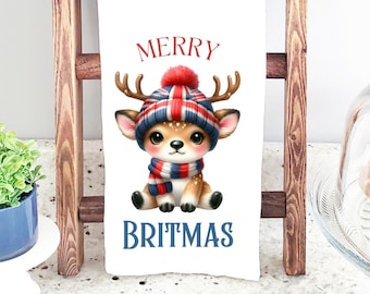 Paño de cocina navideño con reno y bandera británica: algodón o microfibra con temática británica
