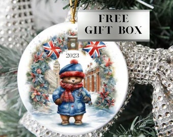 London Bear 2023 Ceramic Hanging Round Christmas Ornament, Christmas Union Jack Ornament, Christmas, British Tree Ornament