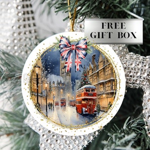 British Christmas Scene Ceramic Ornament, Gloss Finish, Union Jack London Bus, Keepsake Gift, Hanging ornament, Double Decker Bus