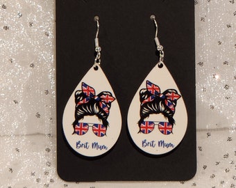 Union Jack, British Mum Earrings, Brit Mum Messy Bun Earrings, British Union Jack Earrings, Double Sided Design, Teardrop Earrings