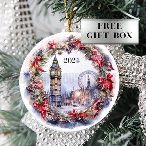 British London Christmas Scene Ceramic Ornament, Gloss Finish, Union Jack 2024 Ornament, Keepsake Gift, Tree Ornament, Free Gift Box