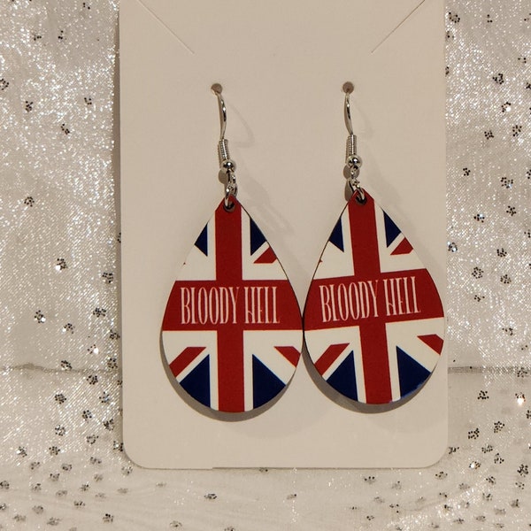 Union Jack, Bloody Hell Earrings, Bloody Hell Earrings, British Union Jack Earrings, Double Sided Design, Teardrop Earrings