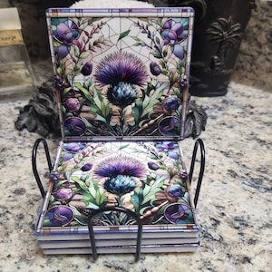 Scotland Thistle Stained Glass Faux Effect Ceramic Coasters, Set of 4 and Stand , Square Coaster, Gloss Finish, Cork Backed, Scottish Gift