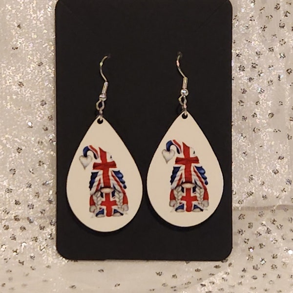 Union Jack Gnome, Wales Gnome Earrings, Scotland Gnome Flag Earrings, Several Designs to Choose, Double Sided Design, Teardrop Earrings