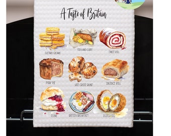 British Food Thema Theedoek, Scone, Worstbroodje, Scotch Egg Towel, Keuken British Food Theedoek, wafelgeweven handdoek