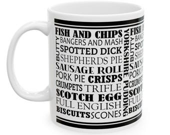 British Fish and Chips 11oz Mug, British Food Mug, Sausage Roll Mug, Union Jack Mug, British Mug, Tea Mug with Gift Box, British Gift
