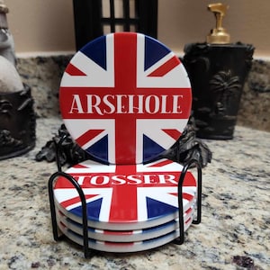 Funny British Swear Word Coasters: Union Jack Ceramic Coaster Set