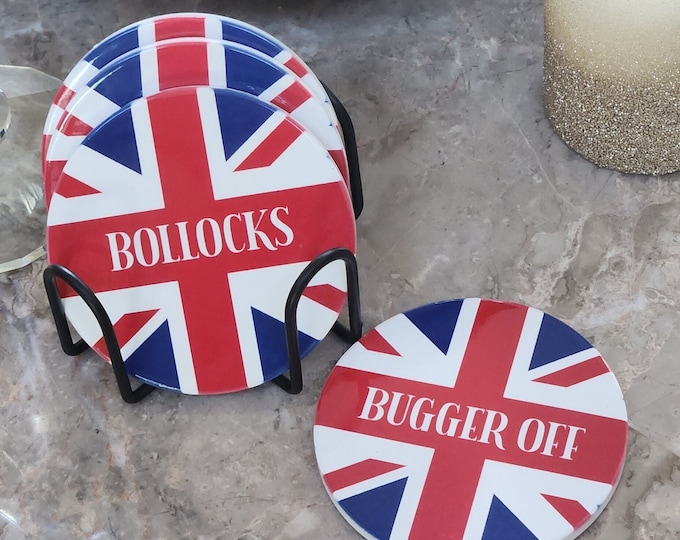 Funny British Slang Coasters: Union Jack Ceramic Coaster Set