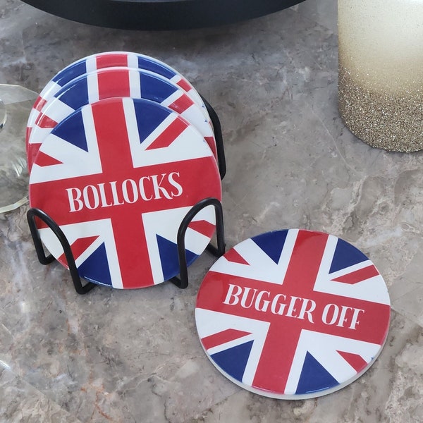 Funny British Words Round Ceramic Coasters, Set of 4 and Stand, British Words Coaster, Gloss Finish, Cork Backed