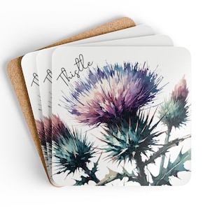 Watercolor Thistle Coaster Set, Scottish Thistle Coaster, Scotland Coaster, Scottish Set of 4 Coasters, Scotland Nature Gift, Scottish Decor