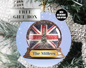 London British Union Jack Snowglobe Personalized Ceramic Hanging Round Christmas Ornament,  British Tree Ornament, Free Gift Box