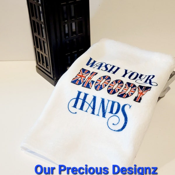 Wash your Bloody Hands Union Jack  British themed Bathroom Towel, Union Jack Guest Towel, Hand Towel 16" x 24"