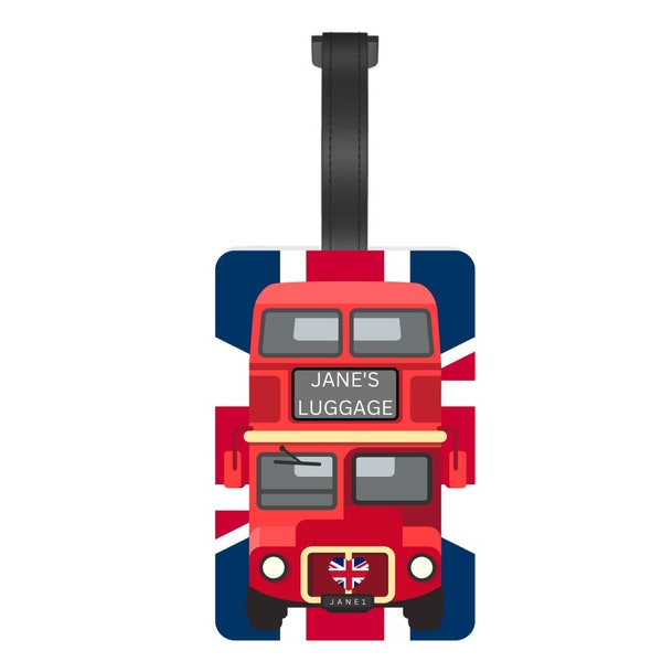 Union Jack Luggage Tag, Double Decker Bus Luggage Tag, Personalized Union Jack Baggage Tag,  Double Sided Print