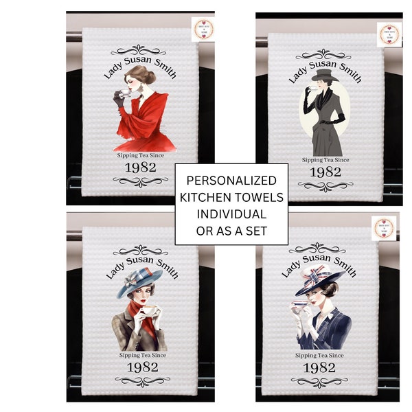 Personalized British Ladies themed Tea Towel, Custom Birthday Tea Towel, Scrumptious Dish Towel, Set of 4 or Individual