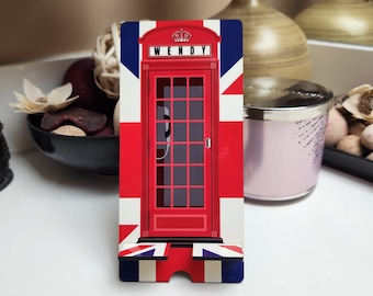 Supporto per telefono personalizzato personalizzato con bandiera Union Jack, supporto per telefono cellulare personalizzato British Union Jack, supporto personalizzato per cabina telefonica Union