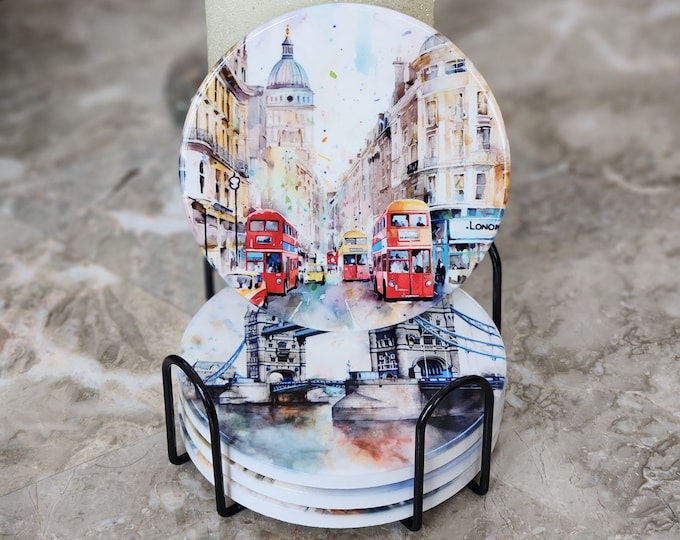 Scenes of London Round Ceramic Coasters, Set of 4 different scenes with Holder, British Coaster, Gloss Finish, Cork Backed