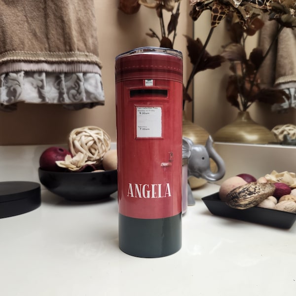 Personalized British Mail Box 20oz Skinny Tumbler with Sliding Lid & Straw, Skinny Double Wall Stainless Steel, Post Box Tumbler