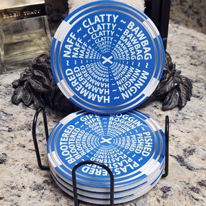 Funny Rude Roulette Scottish Words Round Ceramic Coasters, Set of 4, Scotland Words Coaster, Gloss Finish, Cork Backed, Scottish Gift