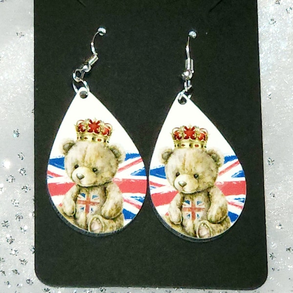 London Teddy Bear Earrings, Teddy Bear with Crown Earrings, British Union Jack Earrings, Double Sided Design, Teardrop Earrings