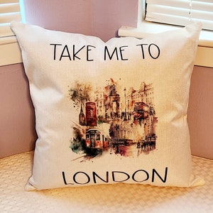 British London Scene Cushion Cover, Union Jack Take Me To London Cover, Double Decker Bus Cover, 18&quot; x 18&quot; Pillow Cover