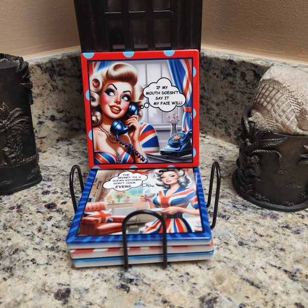 Retro British Union Jack Coaster Set with Cheeky 50s Quotes, Funny British Coaster, British Retro Housewife Funny Quotes Set of 4 Coasters