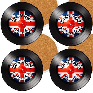 Funny British Records Coasters, Set of 4 and Holder, British Replica Vinyl Records Coaster, Gloss Finish, Cork Backed, Fun Gift