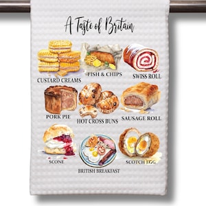 British Foods Tea Towel, Scone Kitchen Towel, Sausage Roll, Scotch Egg Towel, Kitchen British Food Dish Towel, Taste of Britain Towel