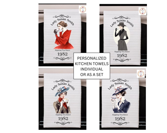 Personalized British Ladies themed Tea Towel, Custom Birthday Tea Towel, Scrumptious Dish Towel, Set of 4 or Individual