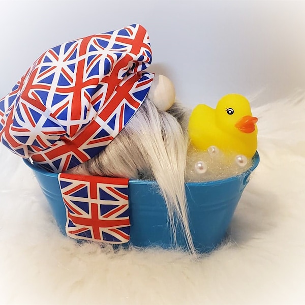 Union Jack Bath Time Bath tub  themed Handmade Gnome, Nordic Gnome, Tomte, Nisse, Gonk, tiered tray, British, Rubber Duck, Bath bubbles