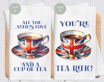 Il tuo Tearific Union Jack a tema britannico, tutto ciò di cui hai bisogno è amore e una tazza di tè. Asciugamano da cucina Union Jack, opzioni in cotone o microfibra.