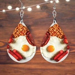 British Breakfast Earrings, British Fry Up Earrings, Fried Egg Earrings, Double Sided Design, Teardrop Earrings