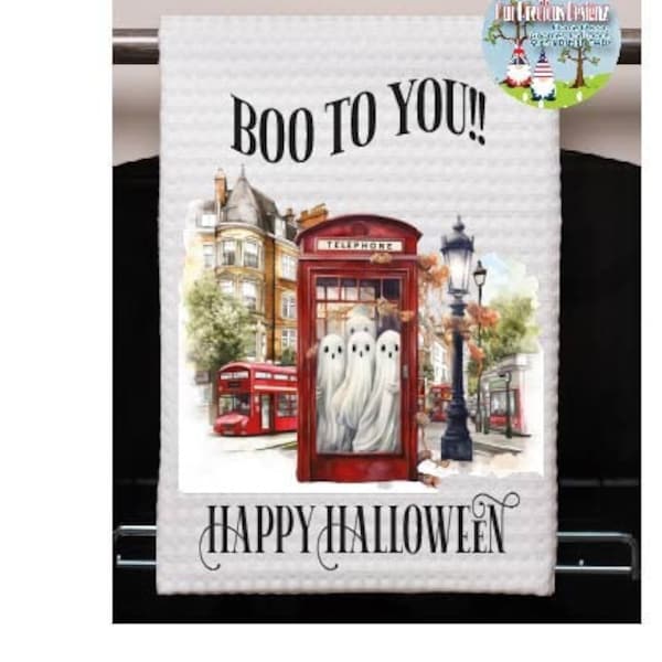 Funny British Halloween Tea Towel,  Red Phone Box Ghost  Kitchen Towel, Funny London Halloween Dish Towel, British Halloween Towel