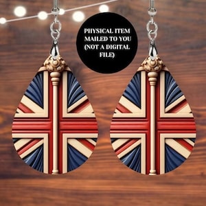 Union Jack Wood Carved Effect Earrings, Union Jack British Earrings, London Earrings, Double Sided Design, Teardrop Earrings