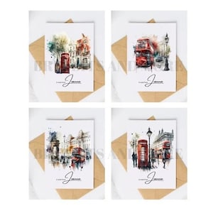 Cartes de correspondance et enveloppes aquarelles sur le thème de Londres 5 1/2" x 4,25", cartes de bus de Londres, notes de remerciement, cartes de correspondance de cabine téléphonique. Lot de 4