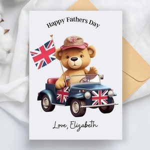 Carte et enveloppe personnalisées fête des pères Union Jack 5 1/2" x 4,25", carte d'anniversaire Union Jack, carte d'anniversaire britannique Jeep Car
