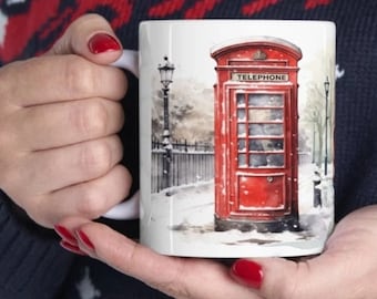 British Winter Phone Box Mug - London Souvenir Gift (11oz)