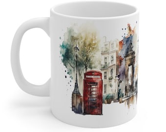 London Scenes Mug: British Phone Box Watercolor Design