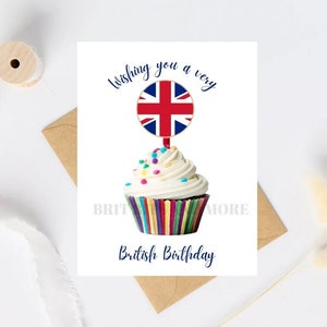 Union Jack Flag Birthday Card and Envelope 5 1/2" x 4.25", Union Jack Great Britain Flag Cupcake British Card, Happy Birthday British Card
