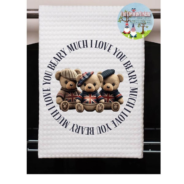 British Union Jack Teddy Bears Tea Towel, British Love You Beary Much Tea Towel, Cute British Teddies Kitchen Towel, Waffle Weave