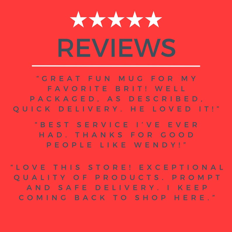 May include: A red graphic featuring five white stars above the word REVIEWS in dark grey text. Below this, three customer testimonials are displayed in dark grey, praising product quality, packaging, and delivery service from the store.
