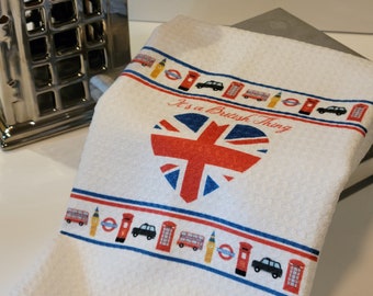 British Icons themed Tea Towel, Union Jack Tea Towel, British Icons Tea Towel, Union Jack Tea Towel, London Bus, Dish Towel, 16" x 24"