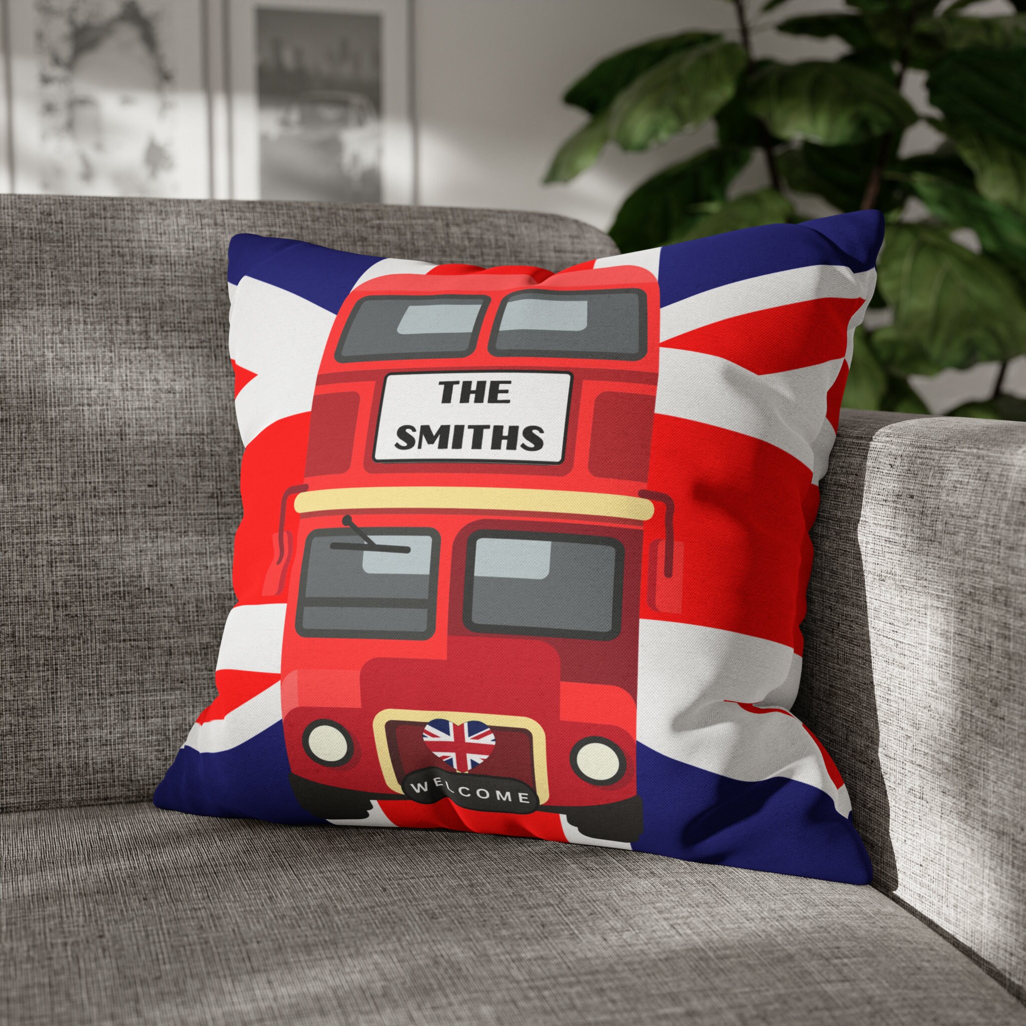Union Jack Double Decker Bus Personalized Spun Polyester Square Pillow Case , Union Jack Flag Custom Throw Cushion, Available in 4 Sizes.